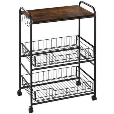 JUJABU 3-Tier Rolling Kitchen Cart with Storage Baskets, Side Hooks and Lockable Wheels, Brown