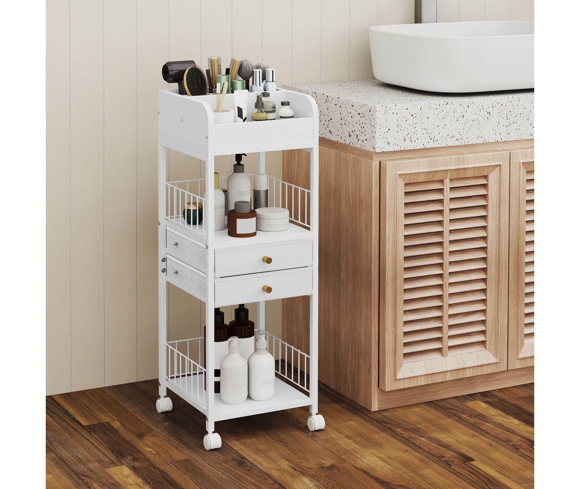 Costway Makeup Organizer Cart with 2 Storage Drawers & Lockable Wheels for Perfume, White
