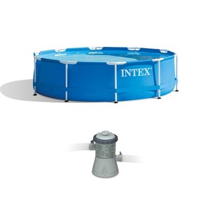 Intex 10 x 2.5 Foot Round Metal Frame Above Ground Pool + 330 GPH Filter Pump - 1 of 4