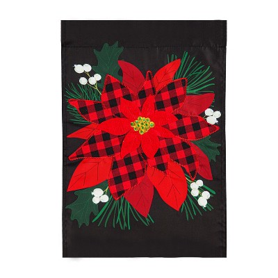 Evergreen Buffalo Check Poinsettia House Applique Flag