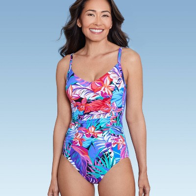 Women's Upf 50 High Neck Swim Romper With Pockets One Piece Swimsuit - Aqua  Green® Pink M : Target