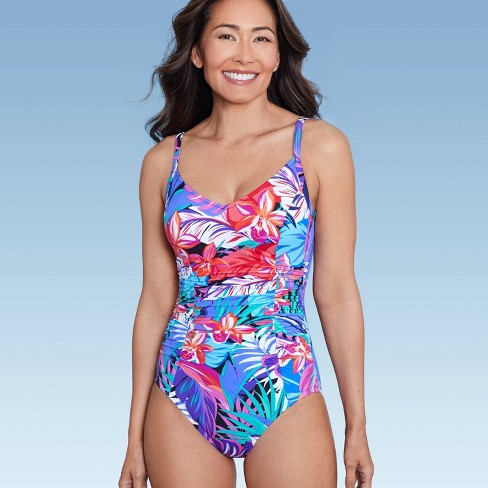 Women s Upf 50 Shirred V neck One Piece Swimsuit Aqua Green