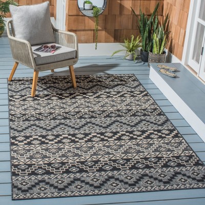 Black and Beige Round Synthetic Indoor/Outdoor Rug