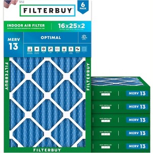Filterbuy 16x25x2 Air Filter (6-Pack), Pleated MERV 13 Health Defense Replacement HVAC AC Furnace Filters (Actual Size: 15.50 x 24.50 x 1.75) - 1 of 4