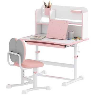 Qaba Kids Desk and Chair Set, Height Adjustable Kids School Study Desk and Chair Set with Tilt Desktop, Storage Drawer and Reading Rack