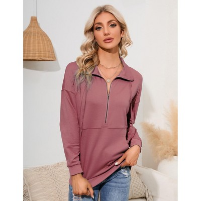 Womens Long Sleeve Zipper  Casual Pullover Tops Drawstring Quarter Zip Hoodie Shirts with Pockets Sweater