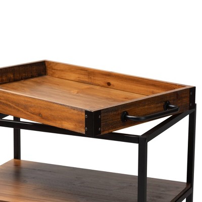 Capri Rustic Oak and Black Metal Mobile Bar Cart with Wine Storage