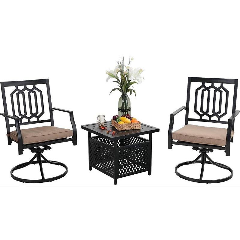 3pc Wrought Iron Patio Dining Set with Square Table with Umbrella Hole &#38; Swivel Chairs - Captiva Designs, 2 of 11