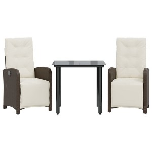 vidaXL 3 Piece Bistro/Balcony Set - Brown Poly Rattan Reclining Chairs with Cushions and Glass Tabletop for Garden/Patio - 1 of 4