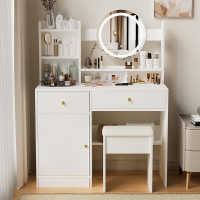 Fashion Vanity Table With Lighted Mirror And Drawers,Vanity Table With Open Shelf And Storage Shelf,Dressing Table And Chair-Cuddlewood