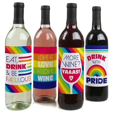 Big Dot of Happiness Love is Love - Gay Pride - LGBTQ Rainbow Party Decorations for Women and Men - Wine Bottle Label Stickers - Set of 4