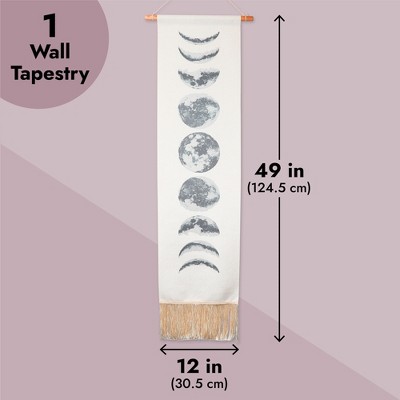 White Polyester Moon Phases Bohemian Wall Hanging Art, 12 x 49 in
