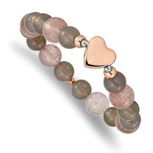 Chisel Stainless Steel Rose IP-plated Heart 10mm Grey Agate and Strawberry Quartz Beaded Stretch Bracelet - 1 of 4