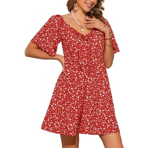 INSPIRE CHIC Women's Summer Short Sleeve Floral Elegant Bow Tie V Neck Dress - 1 of 4