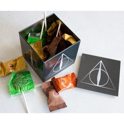 Black Tin Cube Storage Box with Deathly Hallows Design