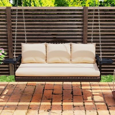Brown Wicker Hanging Porch Swing with Beige Cushions and Steel Frame