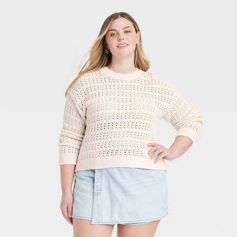 Women s Openwork Crewneck Pullover Sweater Universal Thread Cream 4x Target