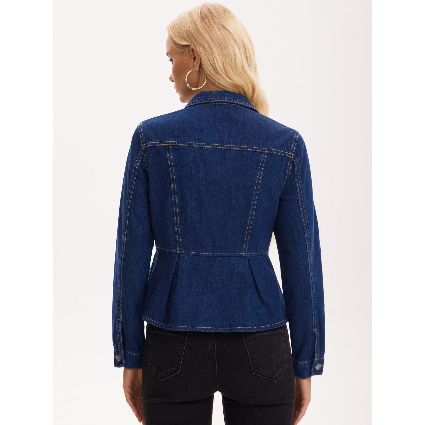 Женские куртки INSPIRE CHIC Denim Button Down Turndown Collar Long Sleeve Ruffle Hem Peplum Jean Jackets X-Large Dark Blue, цвет: Джинсовый — фото 4