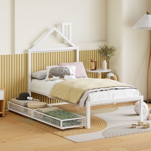 CAVINAS Twin Size Bed Frame with House-Shaped Headboard Design, Twin Size Metal Platform Bed, White - 1 of 4