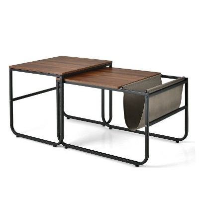 Yukimo 2-Piece Nesting Coffee Tables Set - Modern Industrial Design with Side Storage Pocket, Solid Steel Frame, MDF Tabletop for Living Room/Bedroom
