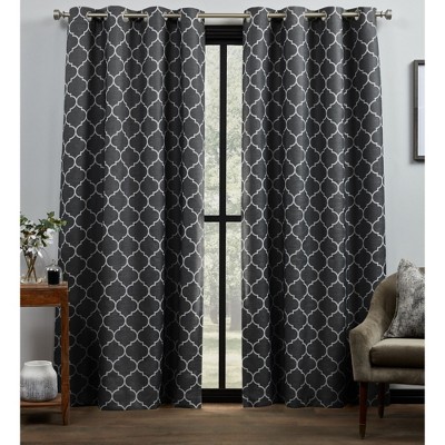 Exclusive Home Bensen Trellis 100% Blackout Grommet Top Curtain Panel Pair, 52"x96", Black White, Set of 2