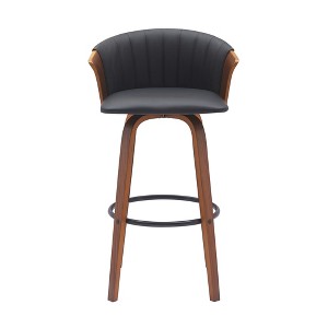HomeRoots 30" Black And Wood Brown Faux Leather Swivel Bar Height Bar Chair - 1 of 4