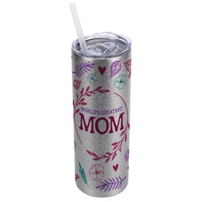Elanze Designs Floral Silvertone Sparkle 20 Ounce Double Wall Stainless Steel Glitter Travel Tumbler With Sliding Lid And Straw, World's Greatest Mom