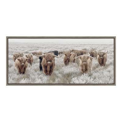 Herd of Highland Cows Gray Canvas Print with Polystyrene Frame