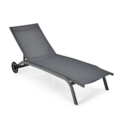 Gray 6-Poisition Adjustable Outdoor Chaise Recliner with Wheels
