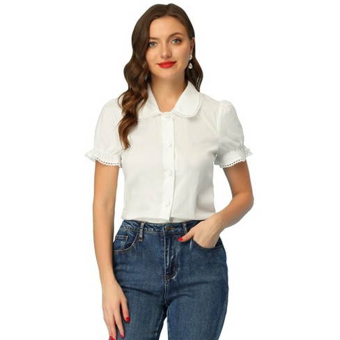 Allegra K Juniors Cotton Frilled Top Turndown Collar Solid Blouse