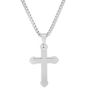 Steeltime 24" Men's stainless steel Lord's prayer double cross pendant - 1 of 4
