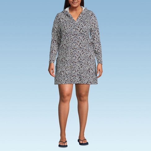 Lands End Women s Plus Size Cotton Jersey Long Sleeve Hooded Swim Cover up Dress 2x Deep Sea Navy Ditsy Floral Target