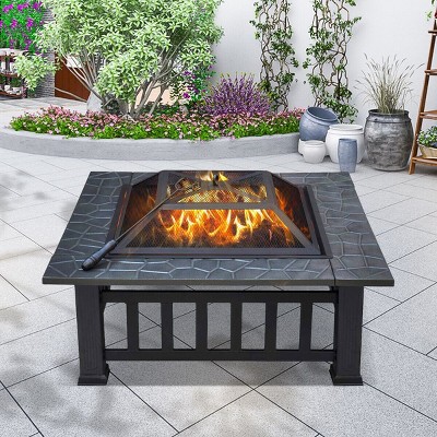 32-Inch Black Square Metal Wood Burning Fire Pit Table