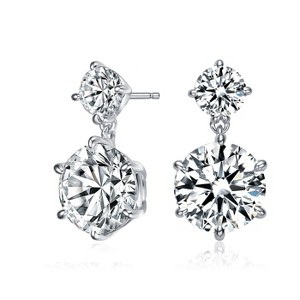 Guili Sterling Silver Rhodium Plated Clear Round Cubic Zirconia Two Stone Drop Earrings, a Minimalist Yet Strikingly Beautiful Classic Design - 1 of 3