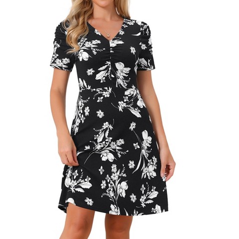 Женские платья INSPIRE CHIC Women's Floral Print Ruched Short Sleeve V Neck Stretchy High Waisted A Line Mini Dresses Large Black