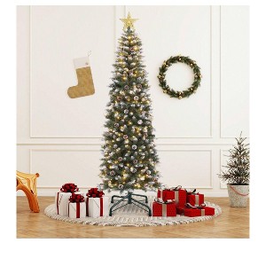 6ft/7.5ft Pre-Decorated Pencil Christmas Tree w/Remote, Partially Flocked & Frosted Slim Artificial Hinged Xmas Tree - 1 of 4