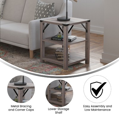 Wyatt 17.5" Square Gray Wash Modern Farmhouse End Table with Metal Accents