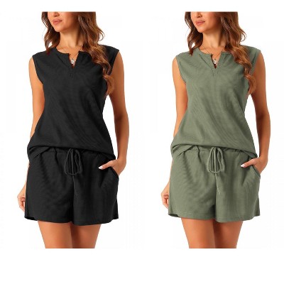 cheibear Women's Waffle Knit Sleeveless Matching Tank Top and Shorts Pajama Sets 2 Pcs