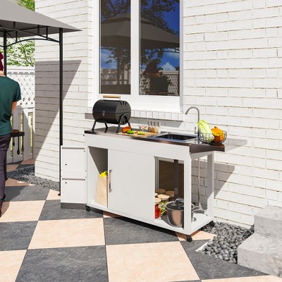 White Stainless Steel Outdoor Grill Table with Sink and Storage