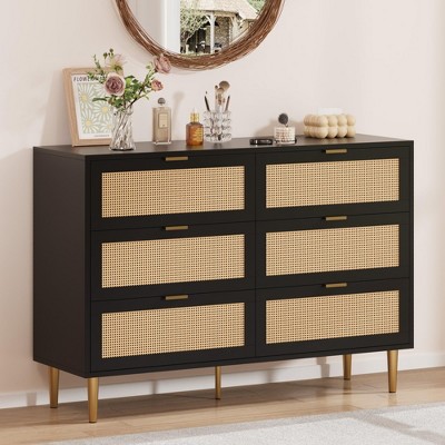 Rattan 5 Drawer Dresser, 44''Tall Narrow Chest of Drawer, Farmhouse Wooden Vertical Dresser with Metal Legs