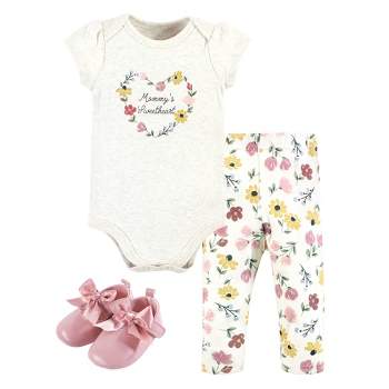 Hudson Baby Infant Girl Cotton Bodysuit, Pant and Shoe Set, Soft Painted Floral