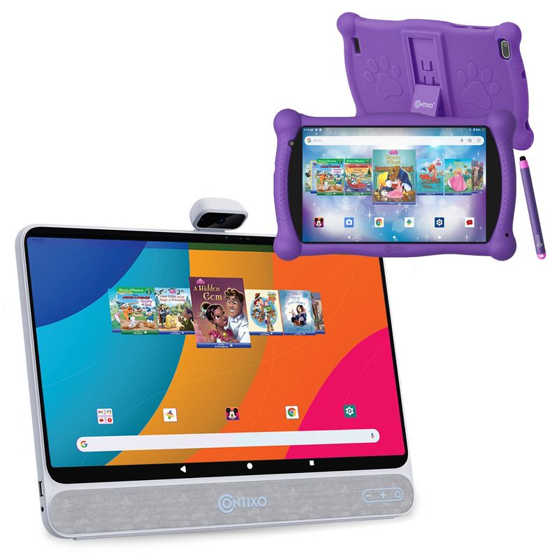 Contixo Disney Storybooks Bundle A3 15.6" Tablet: 128GB (2023 Model), 13MP Camera, 10W Speaker. with 7" Kids Tablet: 32GB, kickstand, Case, 1 of 17