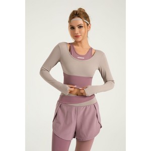 Women's Long Sleeve Fake Two-Piece Sports Top - 1 of 4