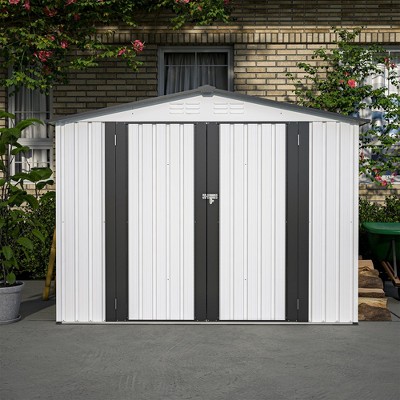 LOVMOR 8 x 6 ft Outdoor Storage Shed, All Weather Metal Sheds with 2 Lockable Doors, Tool Shed for Garden