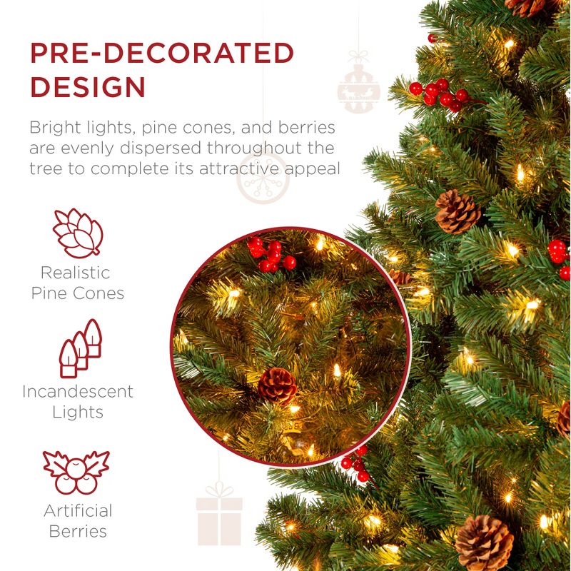 Best Choice Products Pre-Lit Pre-Decorated Holiday Spruce Christmas Tree w/ Tips, Lights, Metal Base, 3 of 10