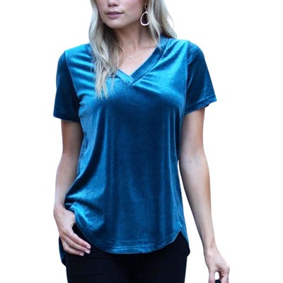 Amaryllis Women's Short-Sleeve Casual V-Neck Velvet High Low Tee Soft Luxurious Rich Texture