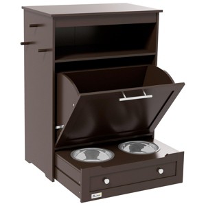 INFURNIC Pet Bowl Feeder Station with Storage Cabinet Raised Bowls Hanger for Pet Supplies and Food, Brown, 24"*14"*32.25" - 1 of 4