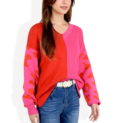 Anna-Kaci Women's Long Sleeve Color Block V-Neck Sweater with Leopard Print Sleeves