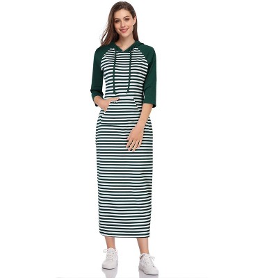 Womens Hoodie Sweat Dress 3/4 Sleeve Slim Fit Hooded Maxi Dress Stripe Summer Dress Soft Lounge Dress