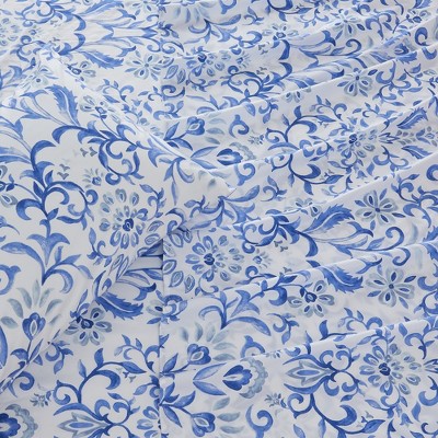 Full Blue Watercolor Floral Microfiber Sheet Set